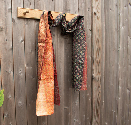 Kantha Silk Sari Shawl — Orange and Black Print, Gold Border