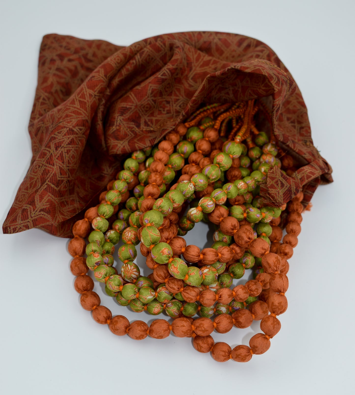 Maya — Sari Silk Bead Necklace, 12-String — Papaya — close-up detail