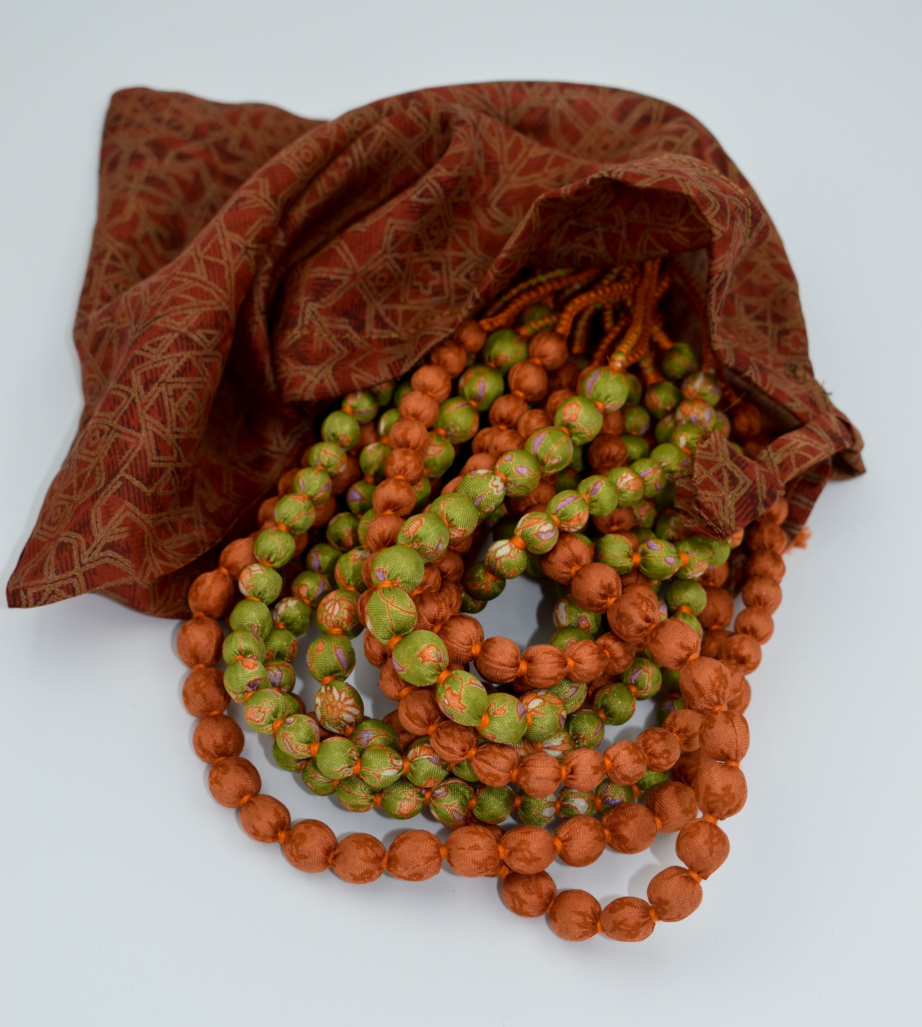 Maya — Sari Silk Bead Necklace, 12-String — Papaya — close-up detail