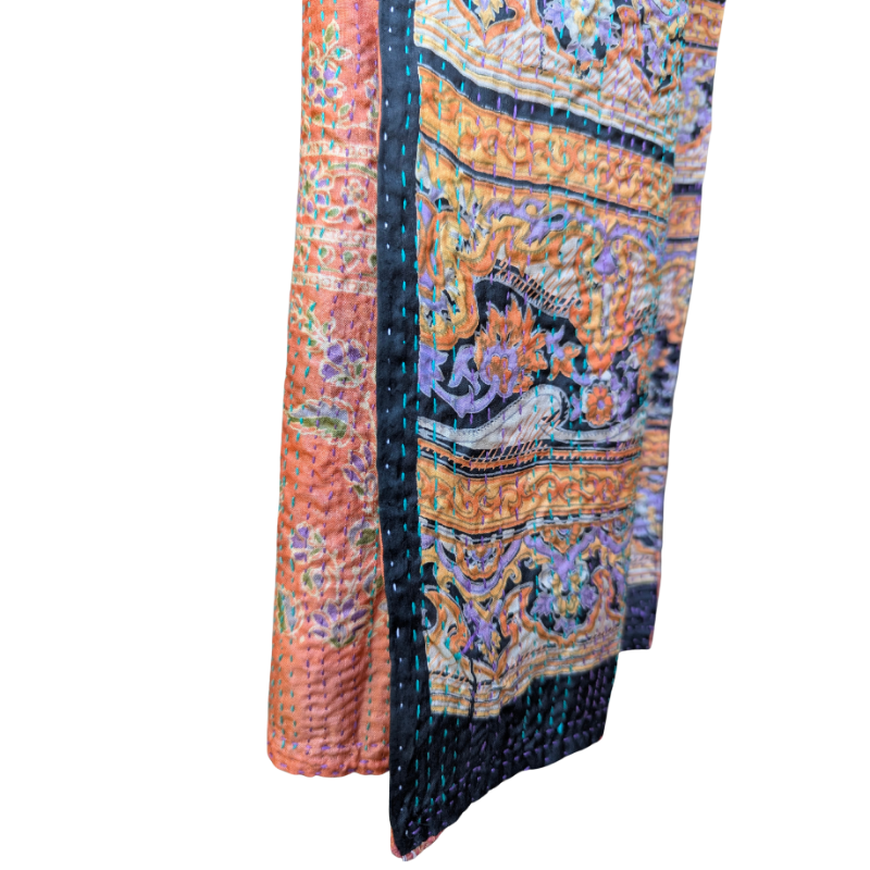 Kantha Silk Sari Shawl — Orange, Black and Peach — texture detail