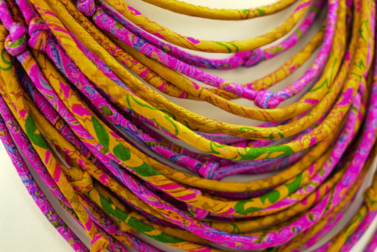 Autumn Sunset — Sari Silk Bead Necklace — Pink and Gold — detail of beads