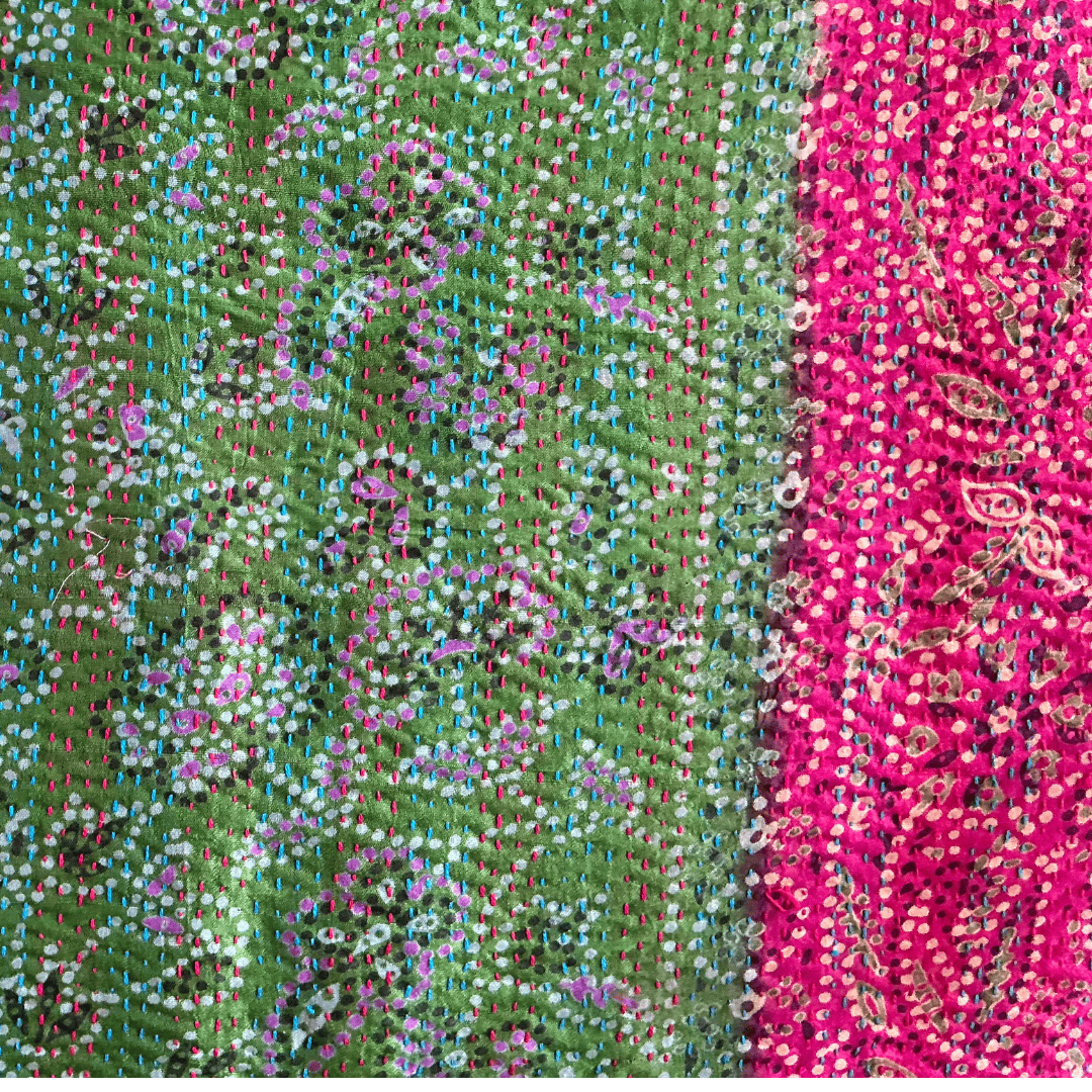 Kantha Silk Sari Shawl — Pink and Green Print — texture detail