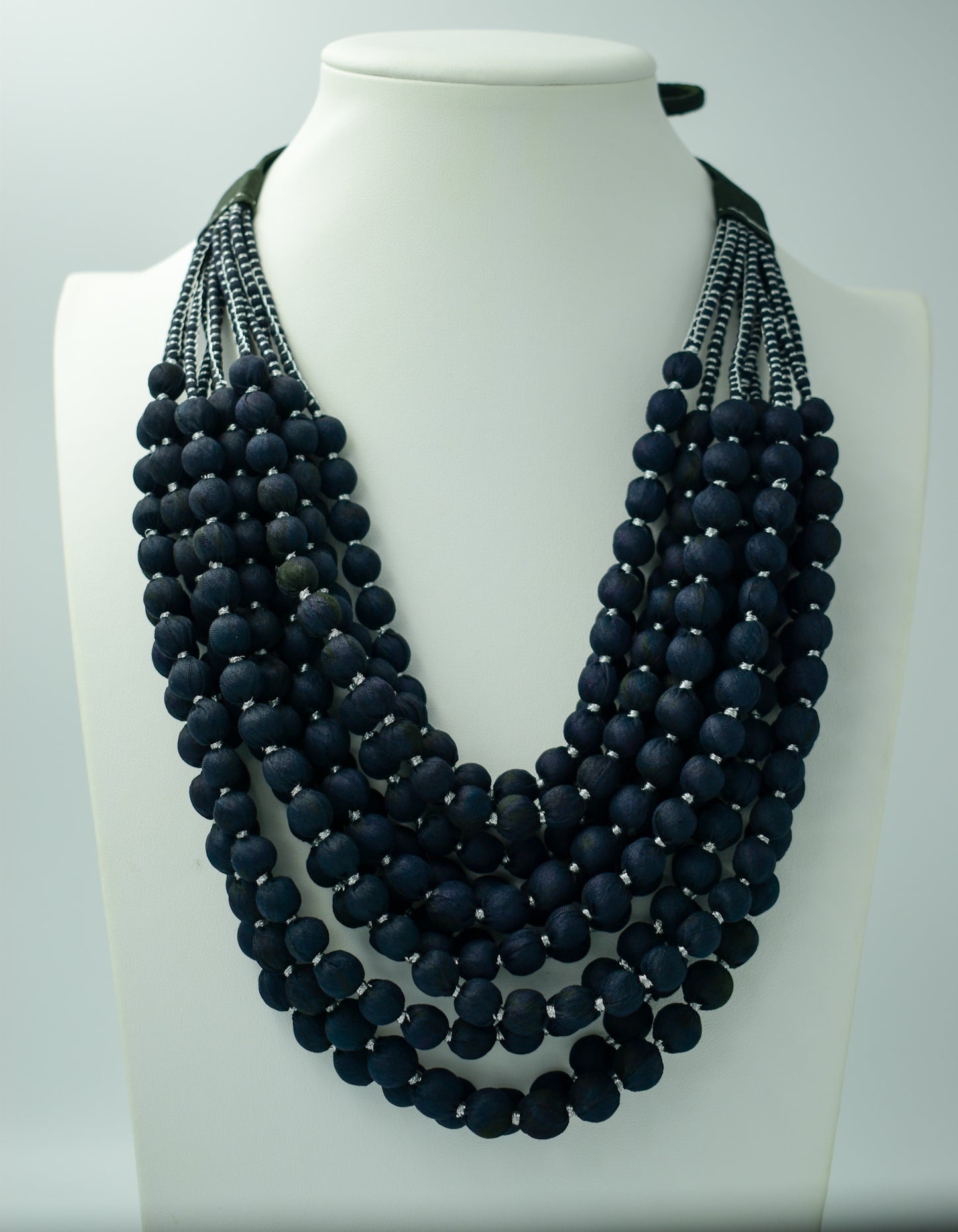 Ebony — Sari Silk Bead Necklace, 12-String — Black and Silver — close-up detail