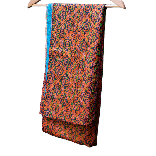 Kantha Silk Sari Shawl — Rust Floral Print — draped