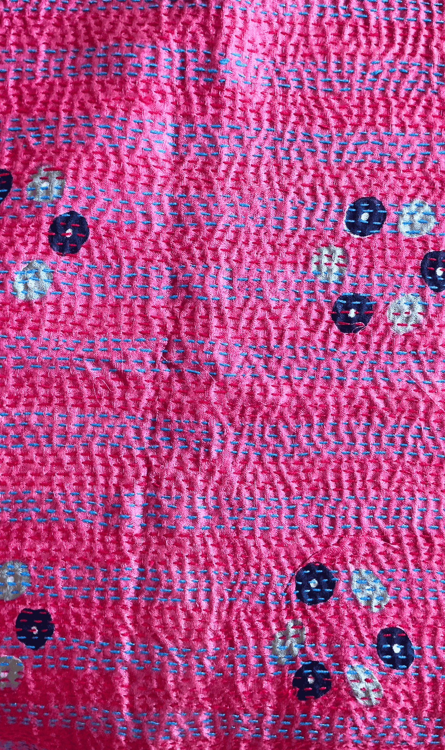 Kantha Silk Sari Shawl — Pink and Green Print — close-up detail