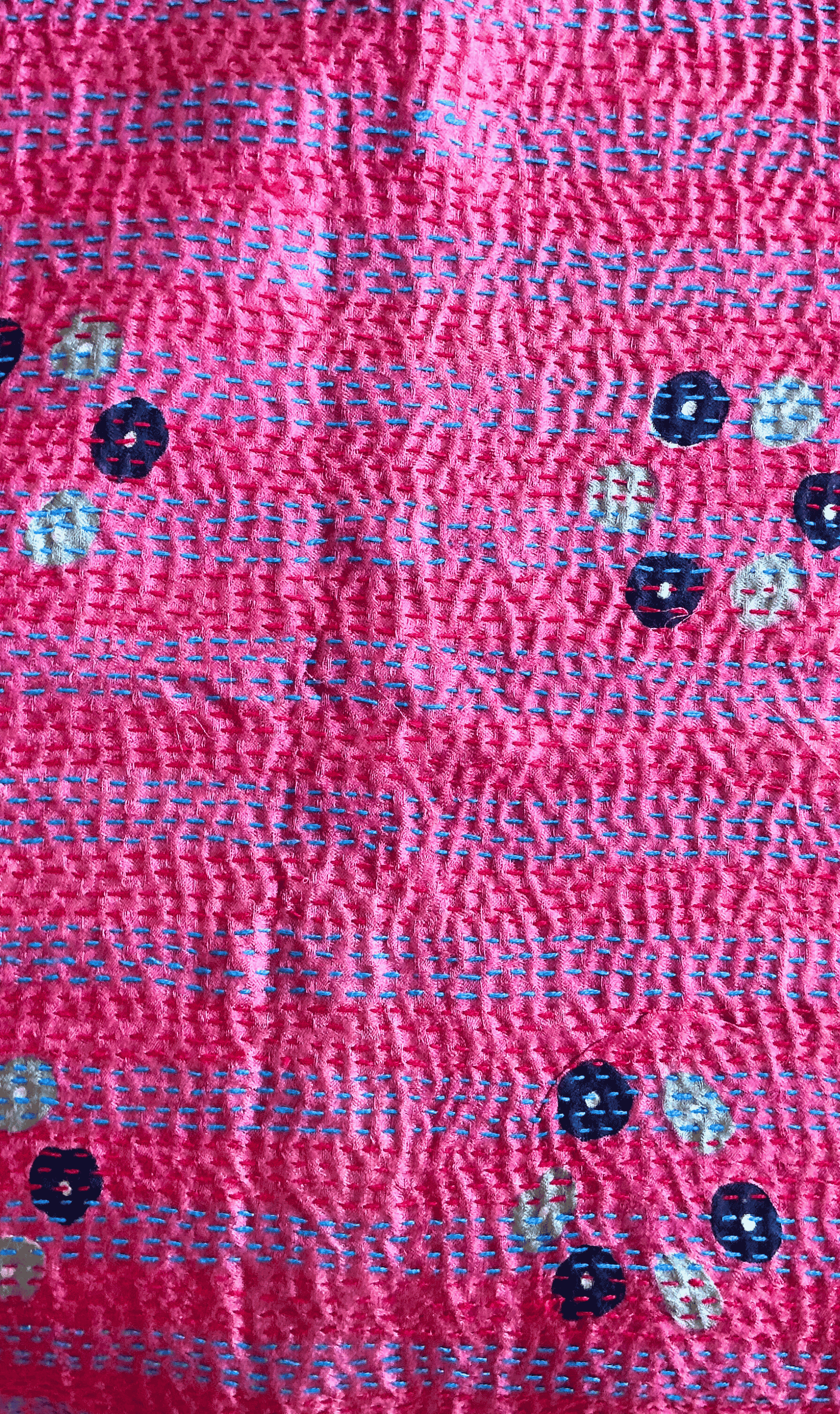 Kantha Silk Sari Shawl — Pink and Green Print — close-up detail