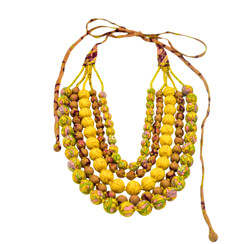 Sari Silk Bead Necklace, 5-String — Mustard and Chocolate