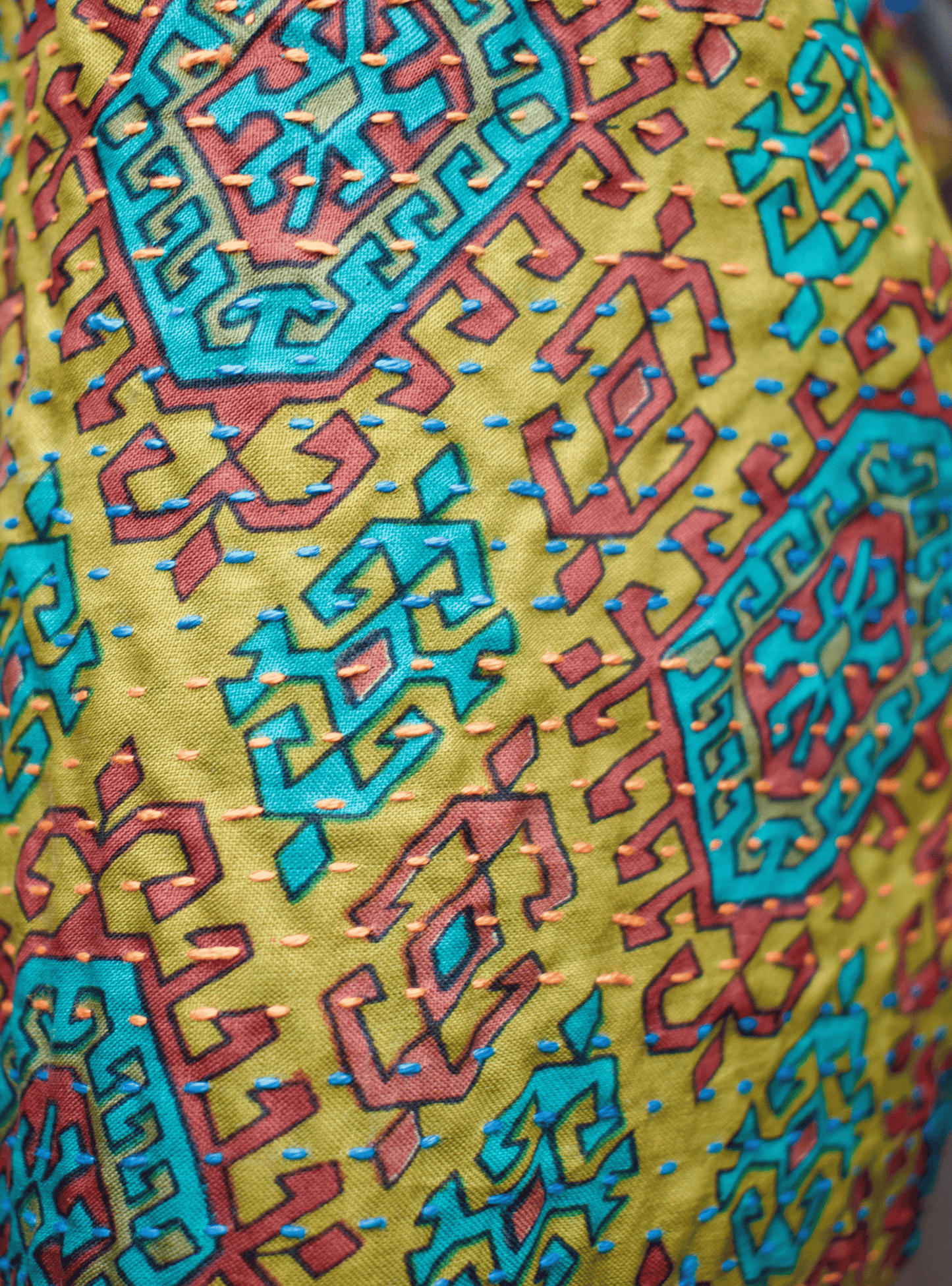 Kantha Silk Sari Shawl — Blue and Deep Olive — texture detail