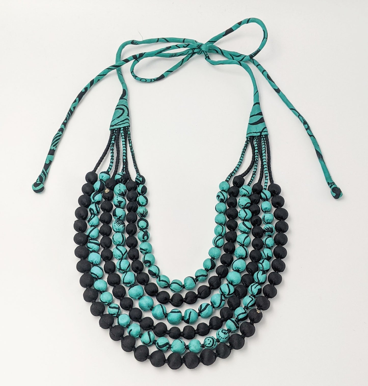 Sari Silk Bead Necklace, 6-String — Mint and Black — detail of beads
