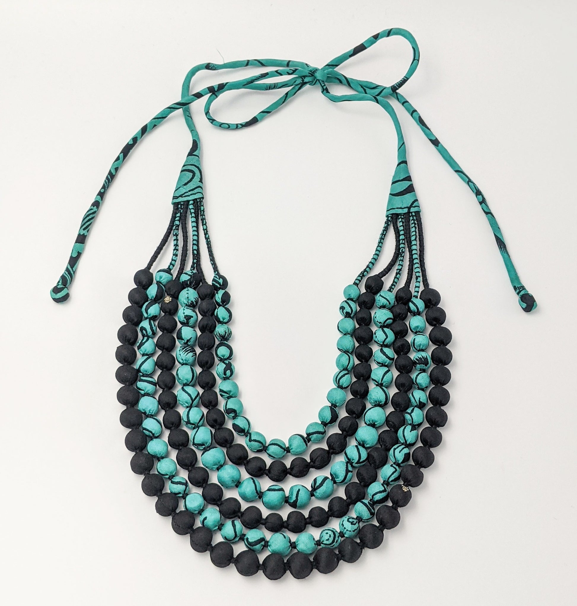 Sari Silk Bead Necklace, 6-String — Mint and Black — detail of beads