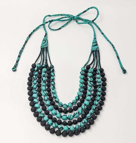 Sari Silk Bead Necklace, 6-String — Mint and Black — detail of beads