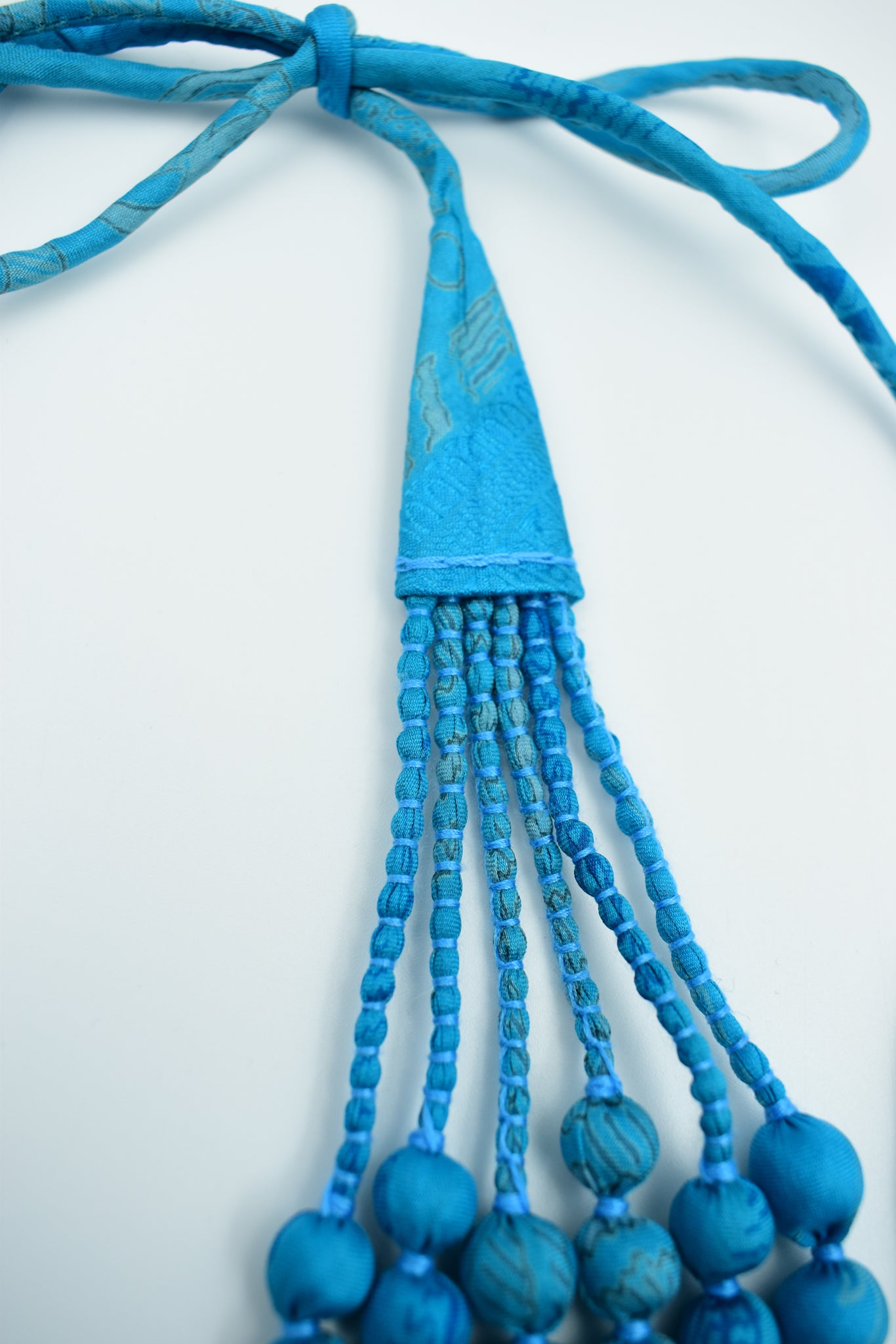 Smooth Sailing — Sari Silk Bead Necklace, 6-String — Caribbean Blue — worn on neck