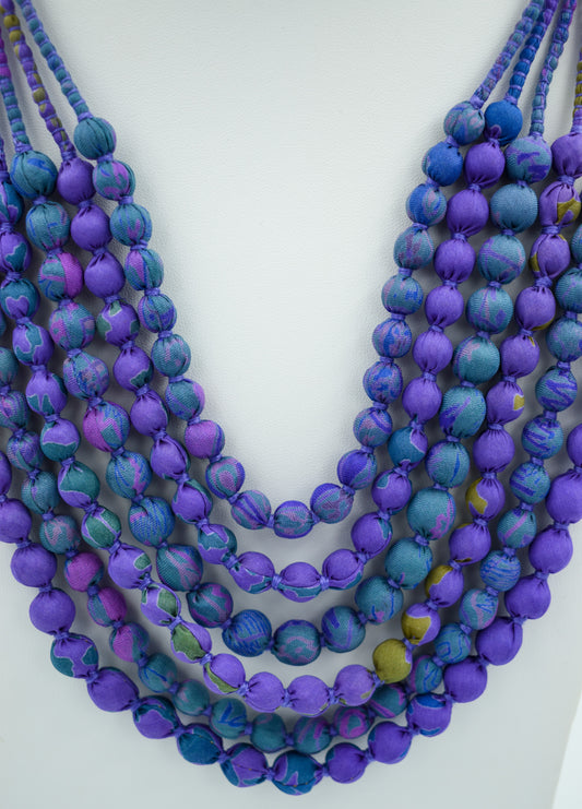 Sari Silk Bead Necklace, 6-String — Mauve and Aqua — detail of beads