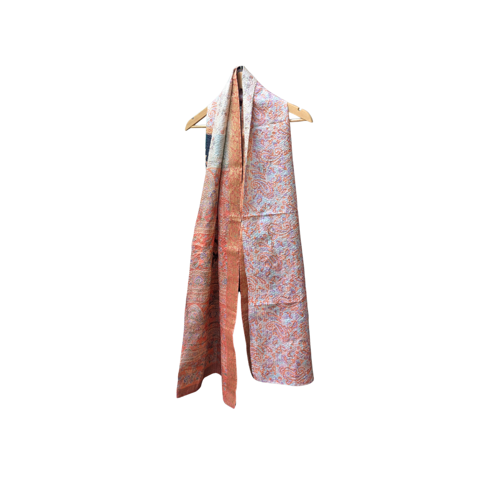 Kantha Silk Sari Shawl — Orange, Black and Peach — styling view
