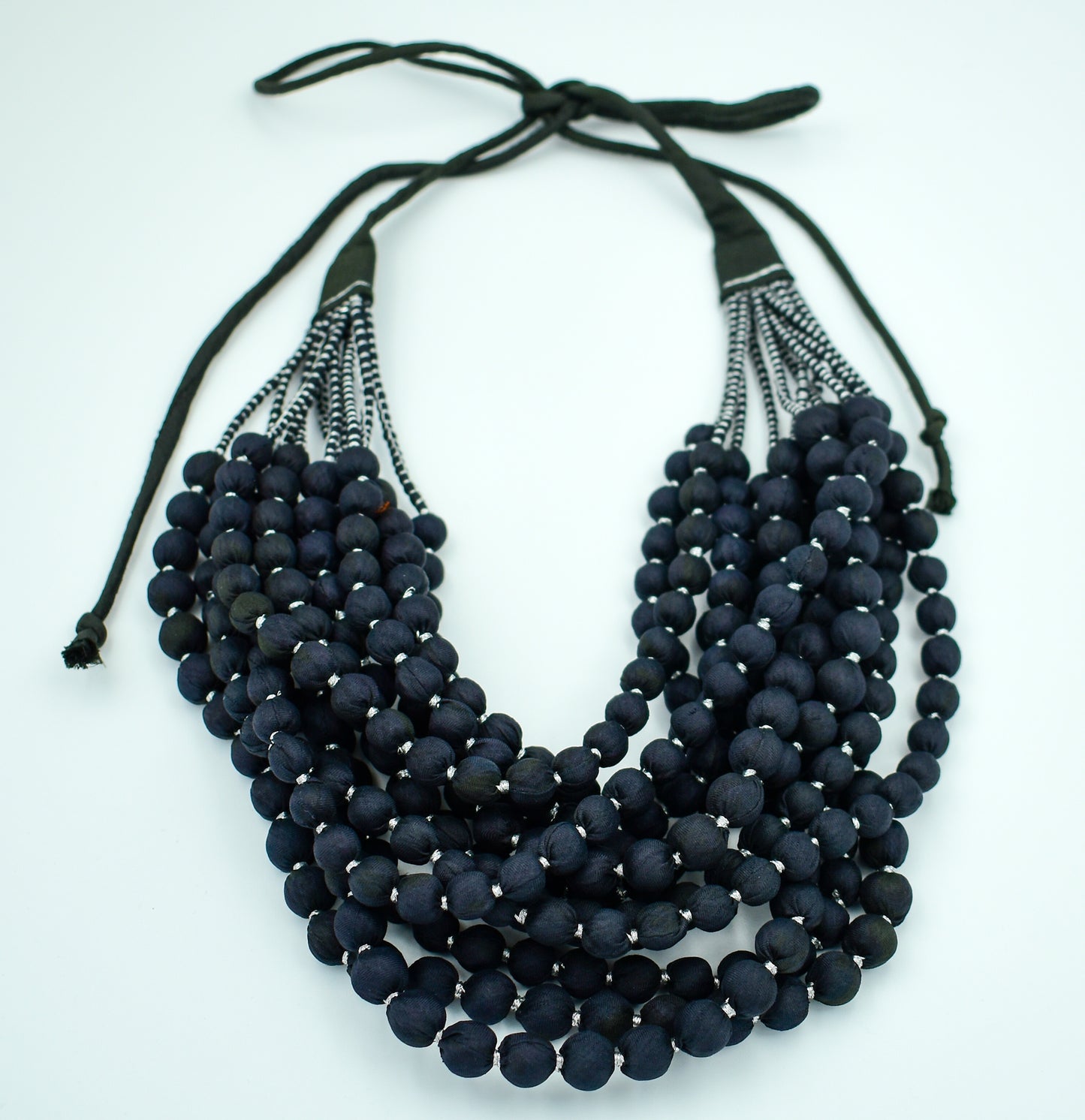 Ebony — Sari Silk Bead Necklace, 12-String — Black and Silver — styling view