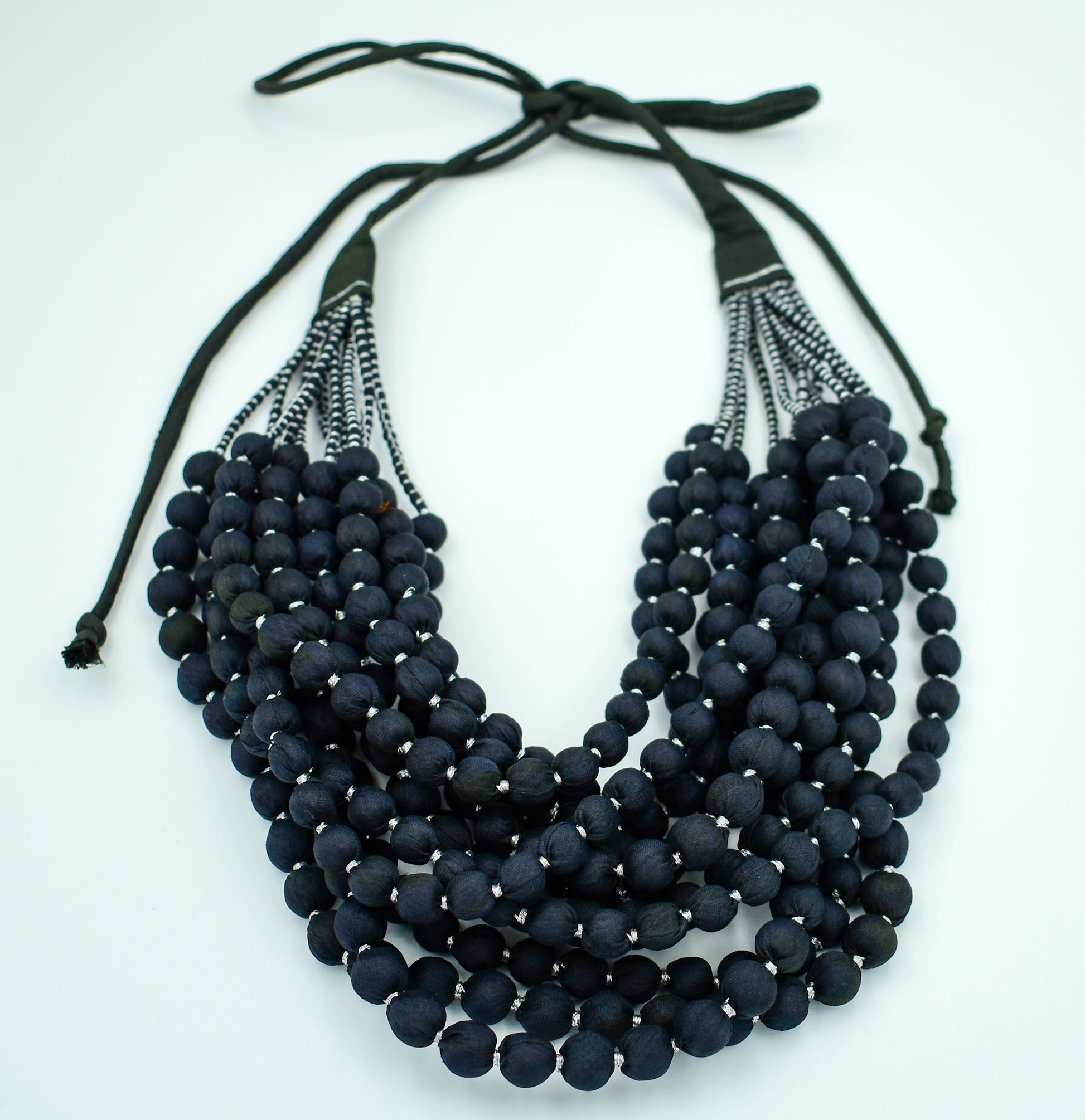 Ebony — Sari Silk Bead Necklace, 12-String — Black and Silver — styling view