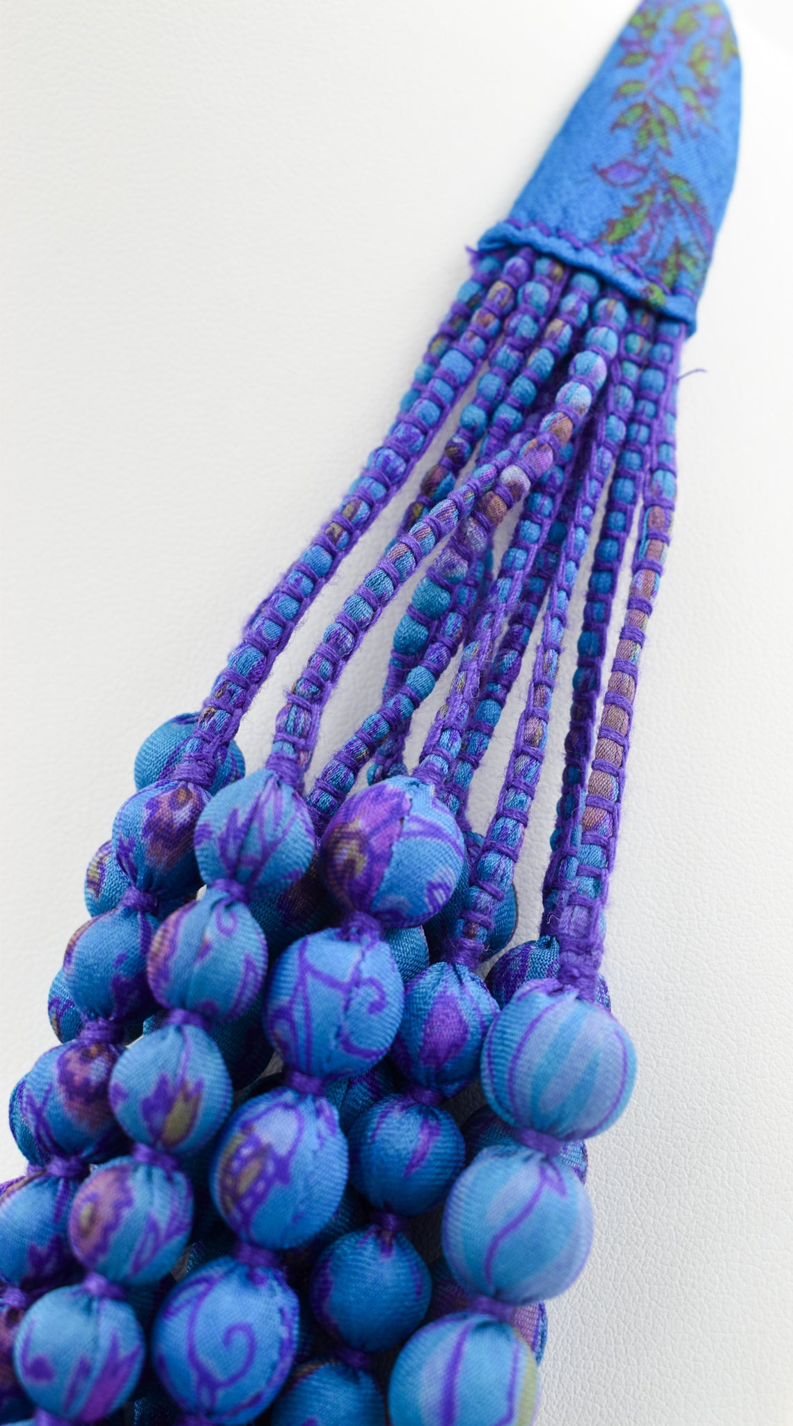 Sari Silk Bead Necklace, 12-String — Blue and Purple — detail of beads