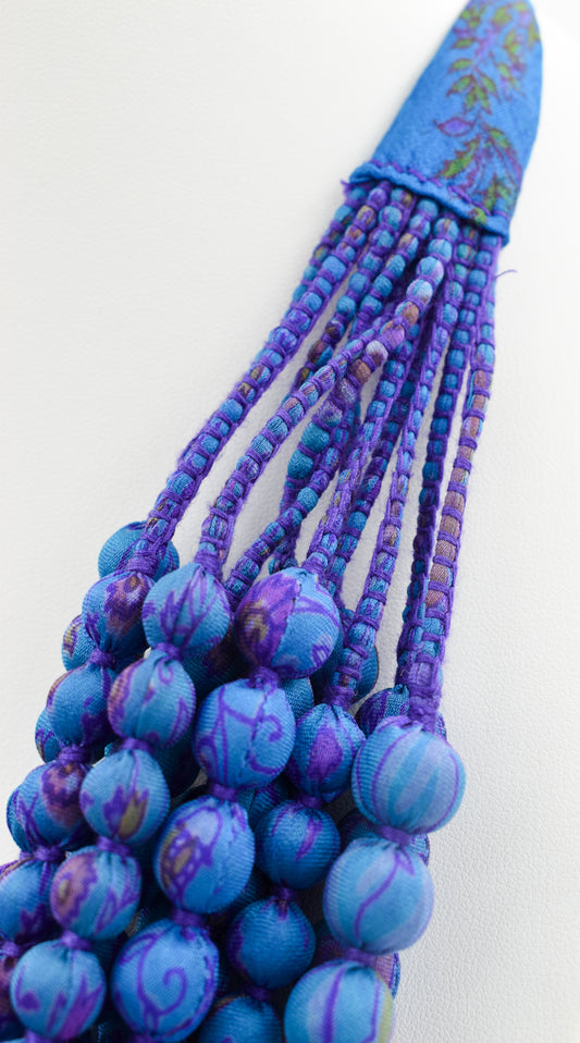 Sari Silk Bead Necklace, 12-String — Blue and Purple — detail of beads