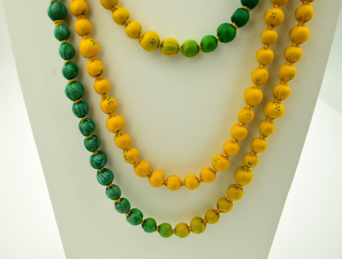 Two-Toned — Sari Silk Bead Necklace, 1-String — Green and Yellow — styling view