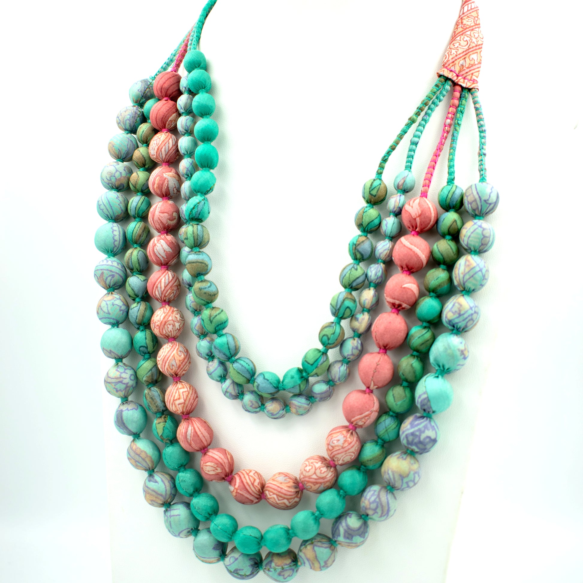 Sari Silk Bead Necklace, 5-String — Peach and Mint
