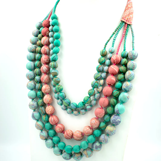Sari Silk Bead Necklace, 5-String — Peach and Mint