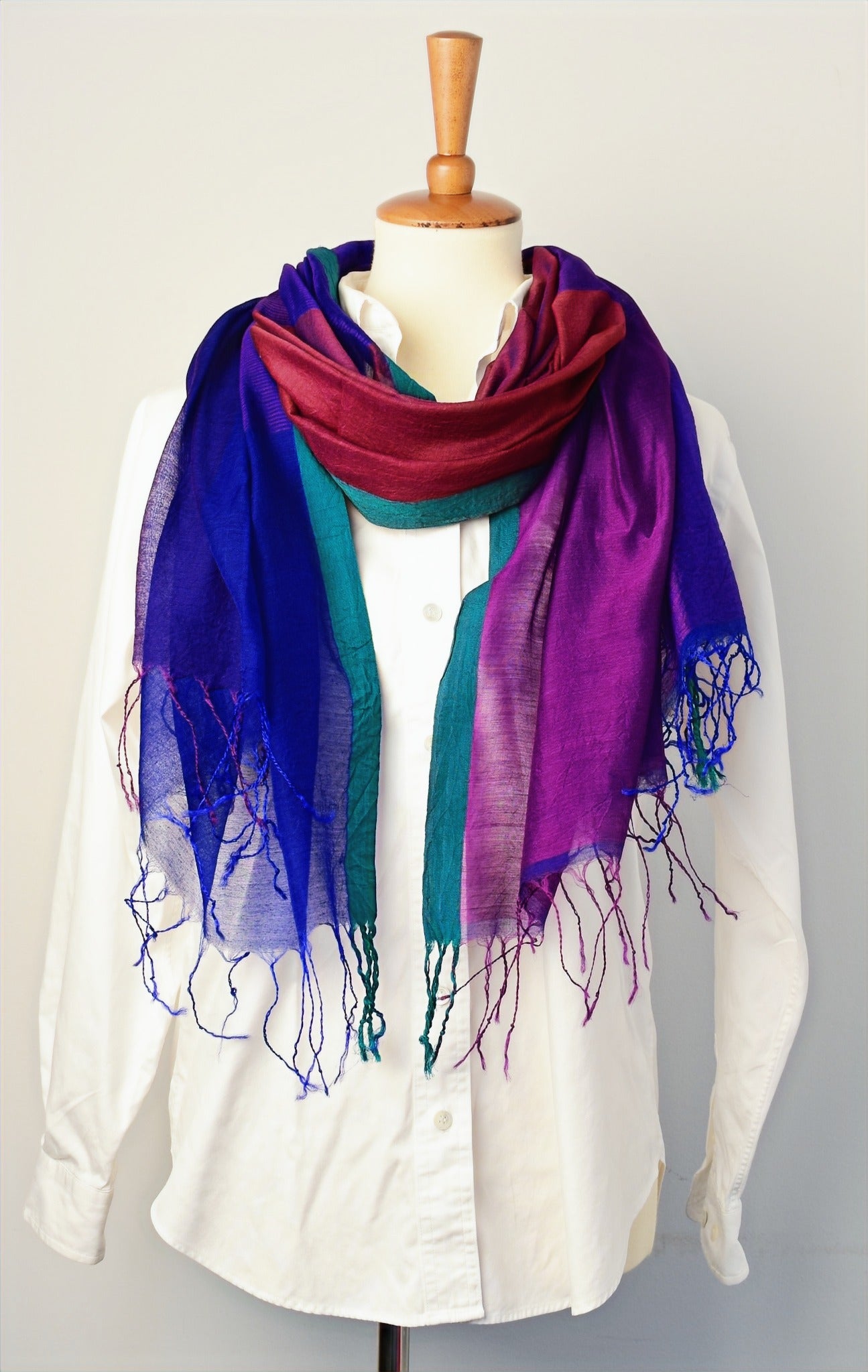 Handwoven Cotton-Silk Scarf — Purple — draped