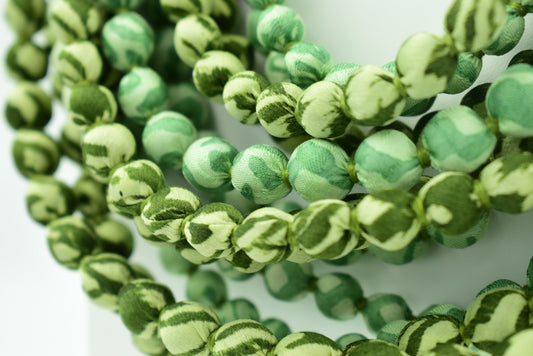 Verdant — Sari Silk Bead Necklace, 12-String — Shades of Green — detail of beads