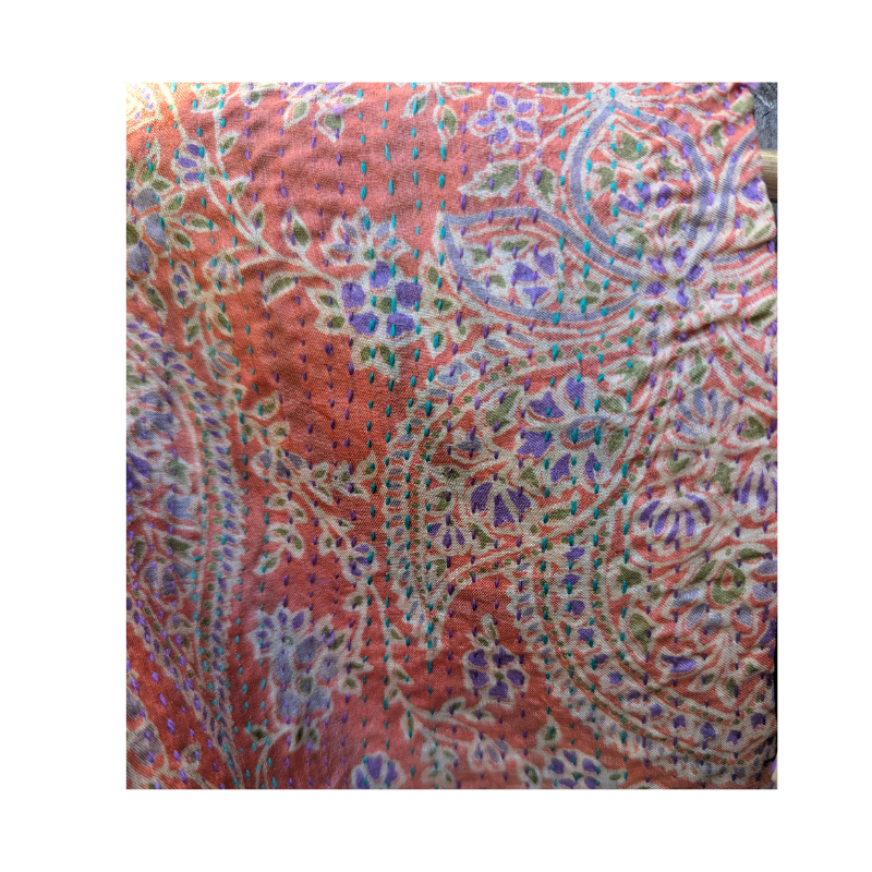 Kantha Silk Sari Shawl — Orange, Black and Peach — view 7