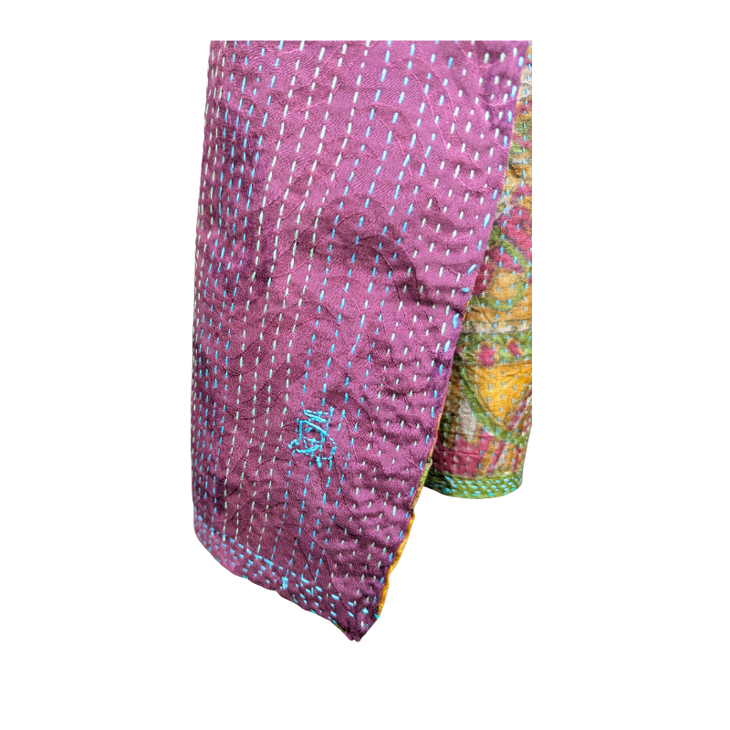 Kantha Silk Sari Shawl — Burgundy, Green and Gold — close-up detail