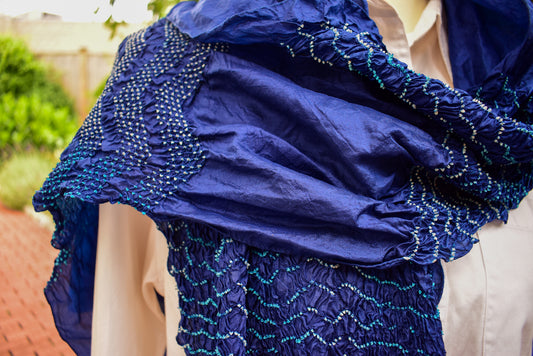 Tiny Dots Bandhani Scarf — Blue — draped