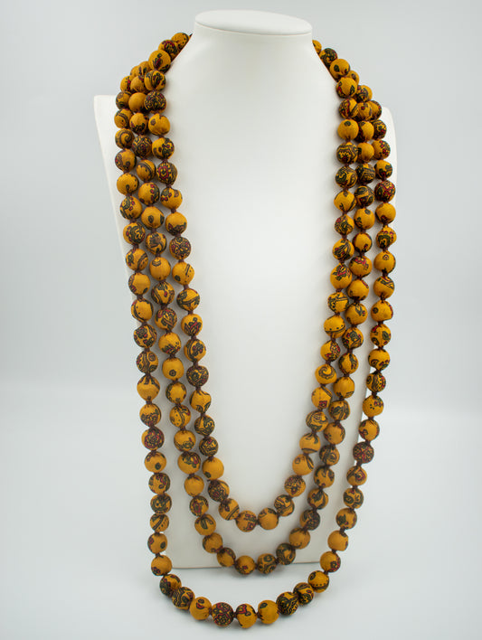 Sari Silk Bead Necklace, 3-String — Mustard and Brown