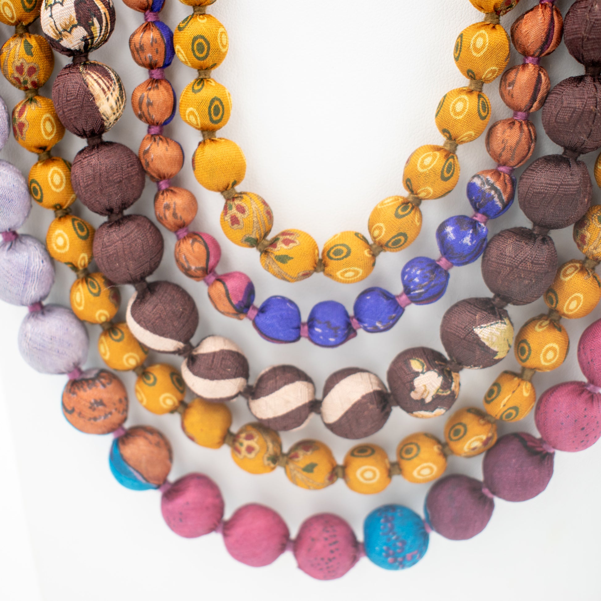 Sari Silk Bead Necklace, 5-String — Multi — worn on neck