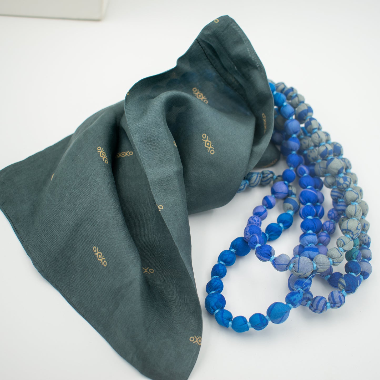 Sari Silk Bead Necklace, 1-String — Blue Grey — close-up detail