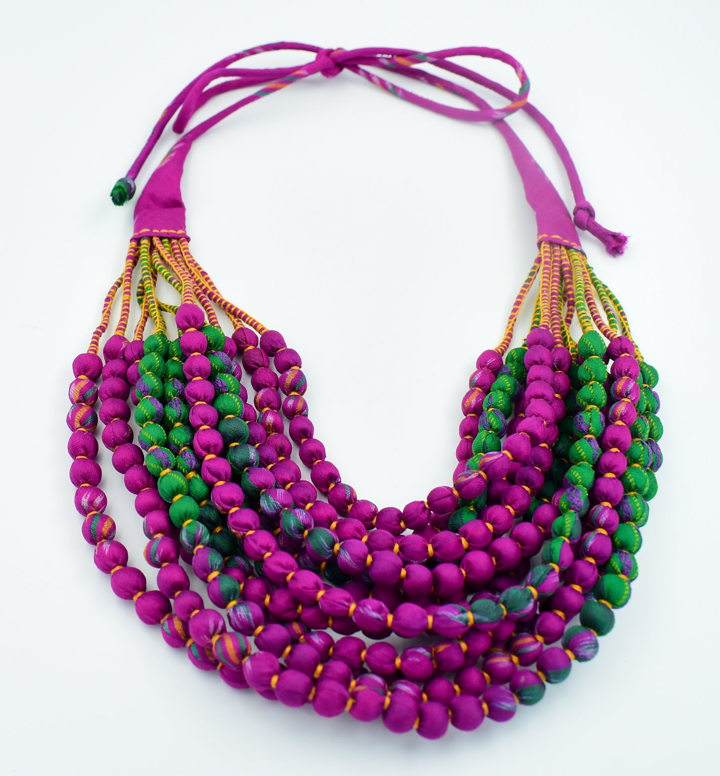 Coleus — Sari Silk Bead Necklace, 12-String — Fuchsia and Green — styling view