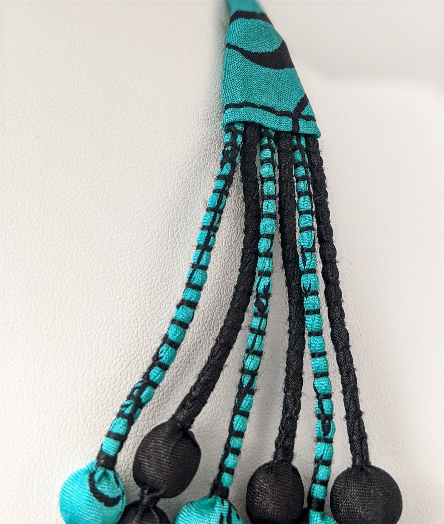 Sari Silk Bead Necklace, 6-String — Mint and Black — styling view