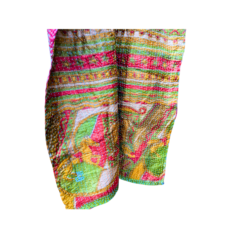 Kantha Silk Sari Shawl — Burgundy, Green and Gold — styling view