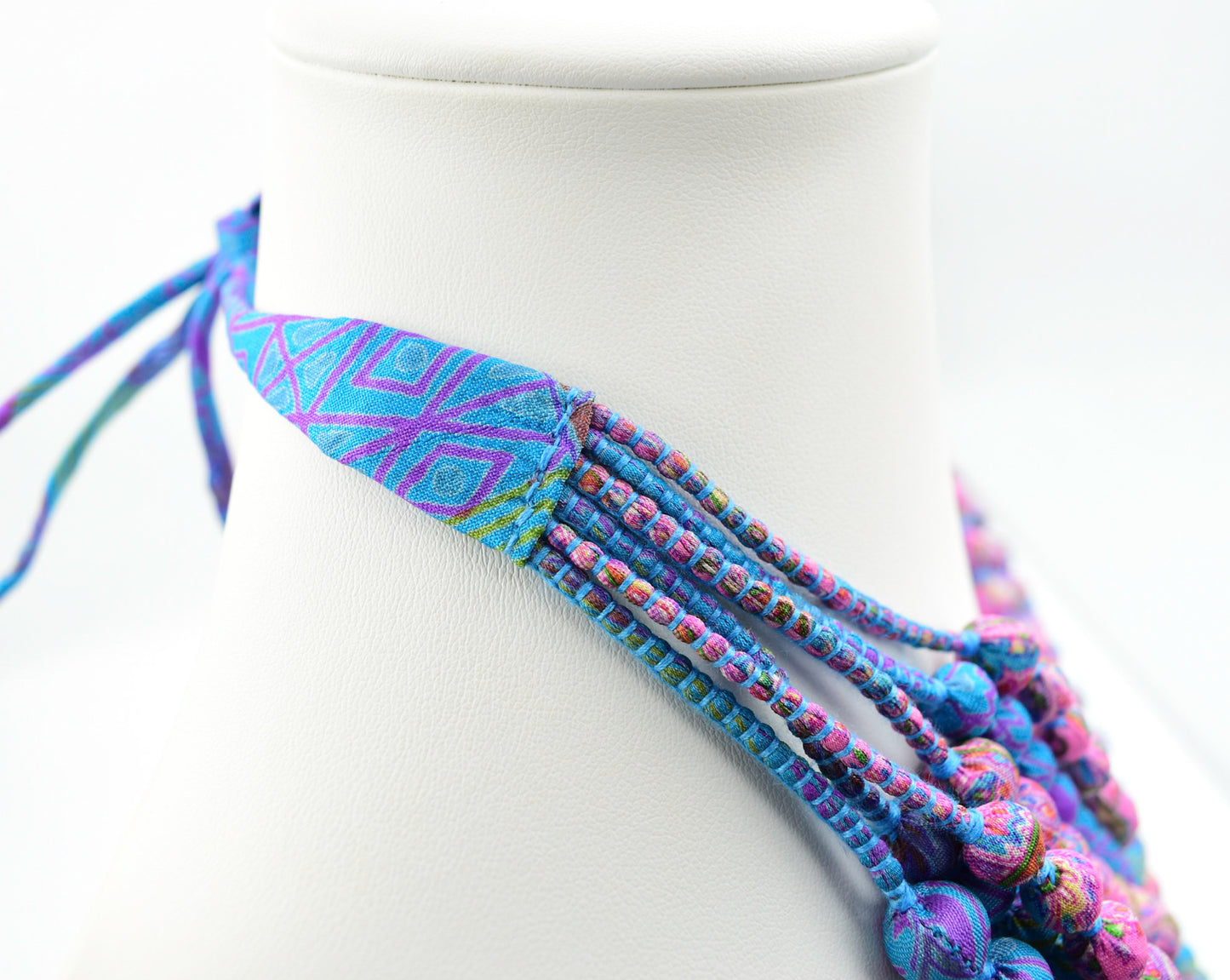 Nantucket Sound — Sari Silk Bead Necklace, 6-String — Pink and Blue — worn on neck