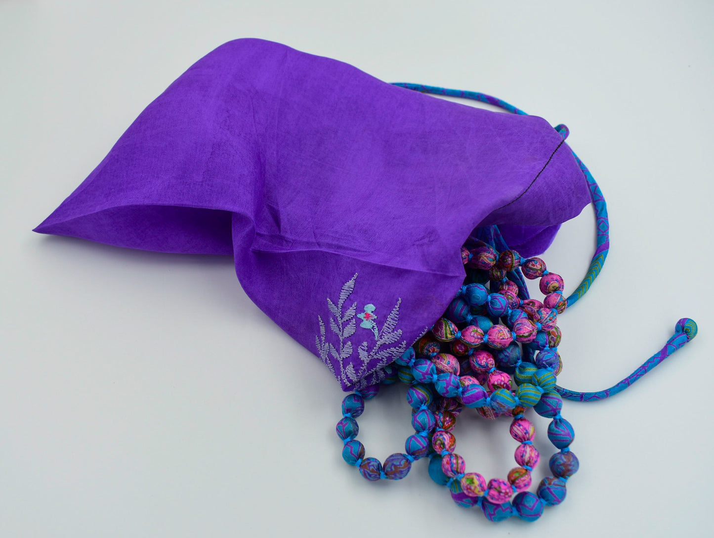 Nantucket Sound — Sari Silk Bead Necklace, 6-String — Pink and Blue — styling view