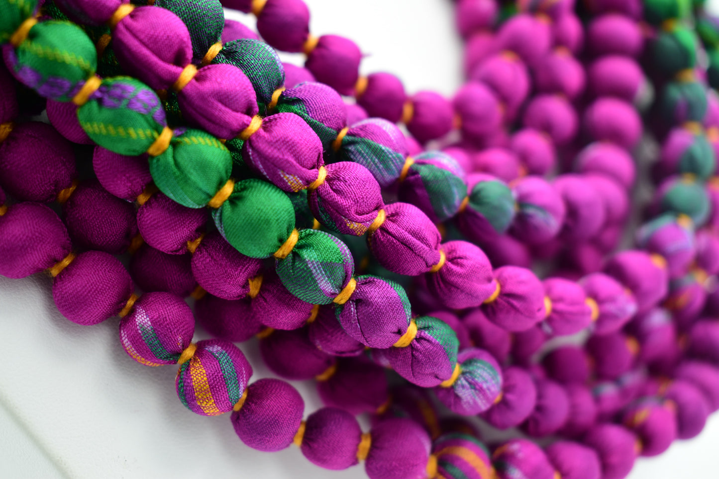 Coleus — Sari Silk Bead Necklace, 12-String — Fuchsia and Green — detail of beads