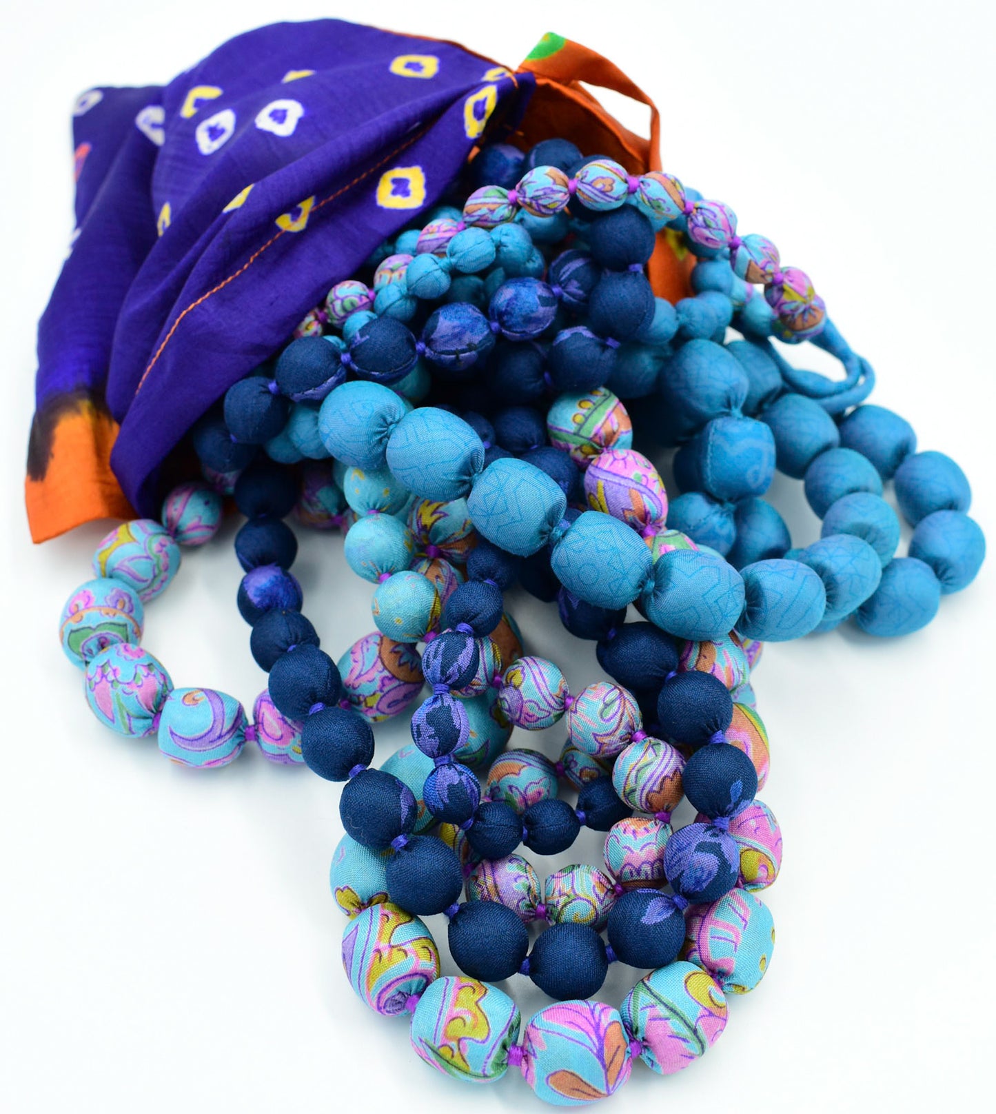 Serenity — Sari Silk Necklace, Iris Style — Blue and Pink — styling view