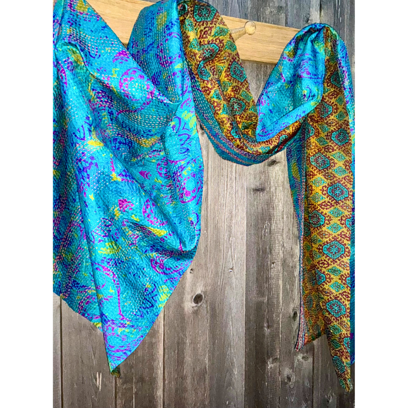 Kantha Silk Sari Shawl — Blue and Deep Olive