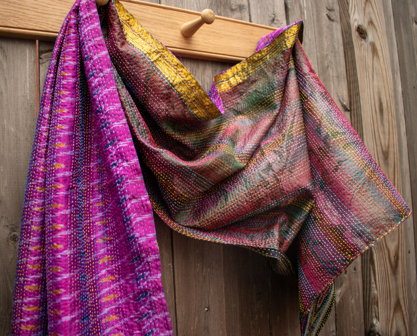 Kantha Silk Sari Shawl — Pink Ikat — texture detail