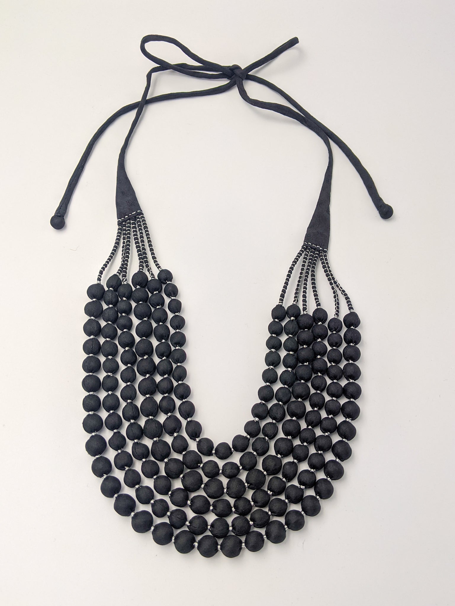 Sari Silk Bead Necklace, 6-String — Black and Silver — detail of beads