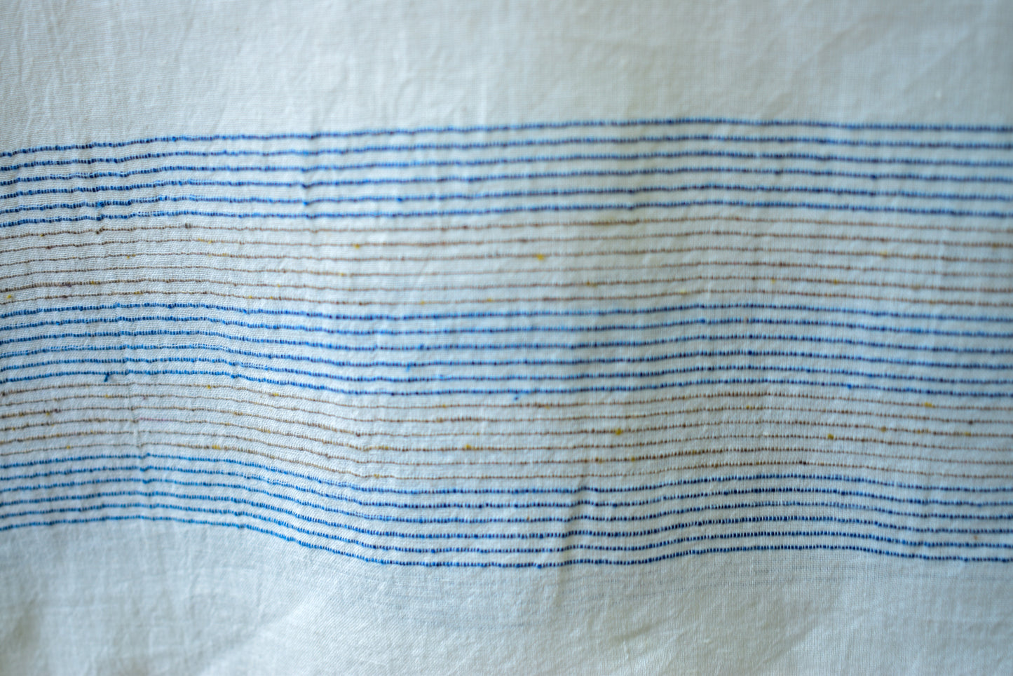White Gold — Khadi Jamdani Stole — Gold and Blue Inlay — close-up detail