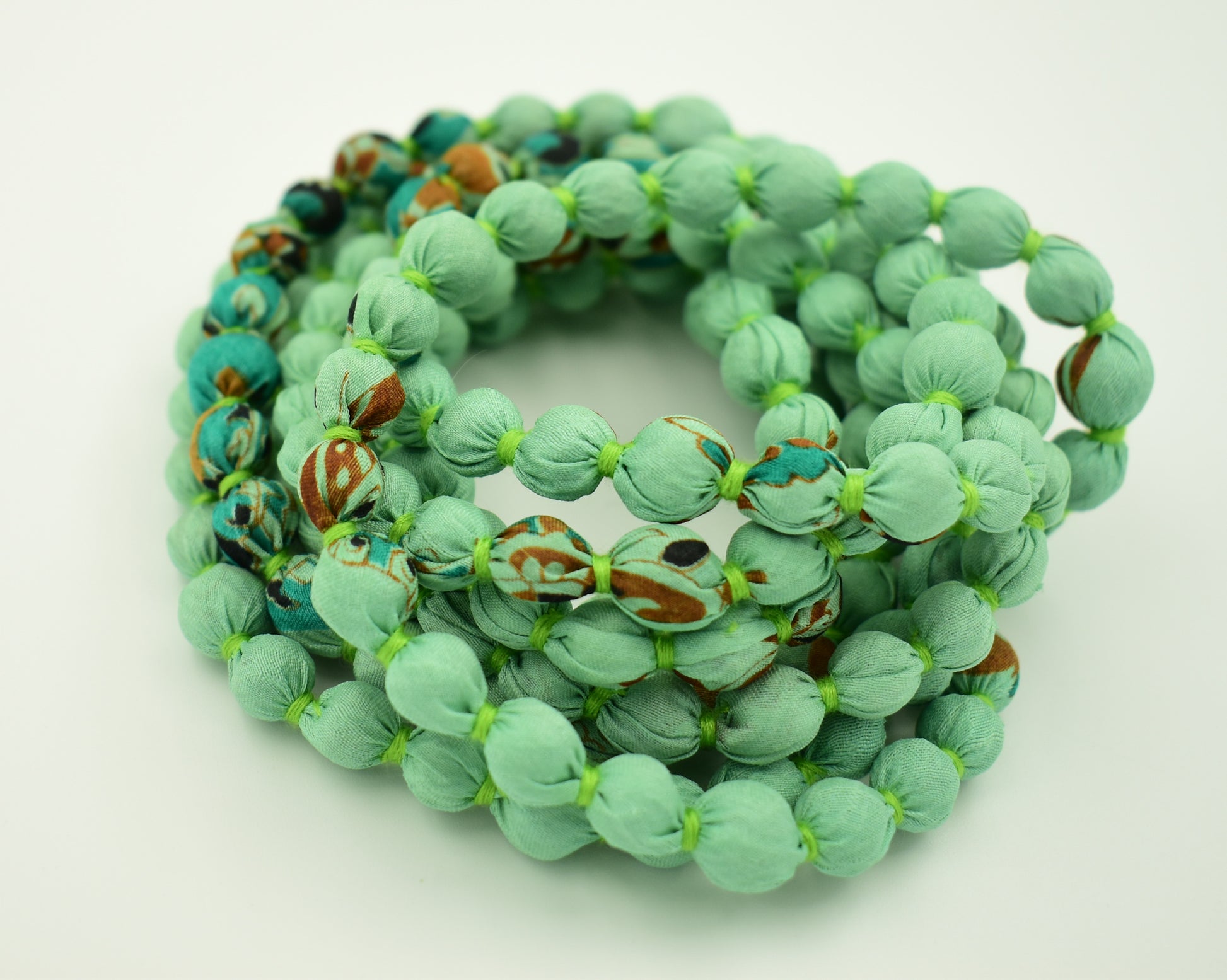 Mottled Mania — Sari Silk Bead Necklace, 1-String — Light Green Multi — detail of beads
