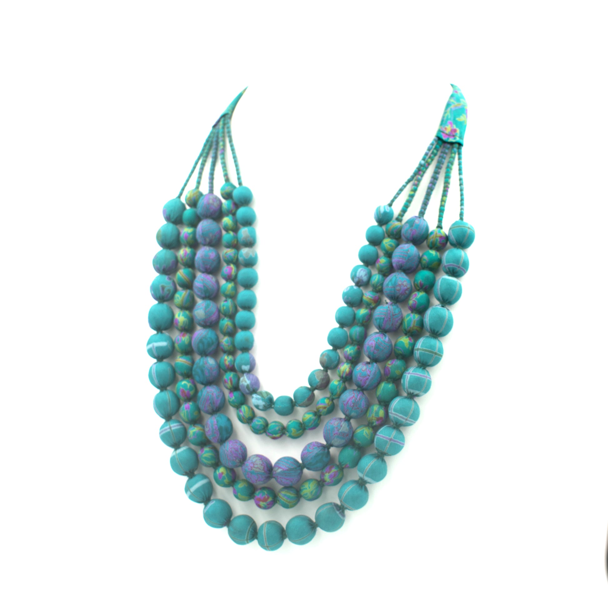 Sari Silk Bead Necklace, 5-String — Teal — detail of beads
