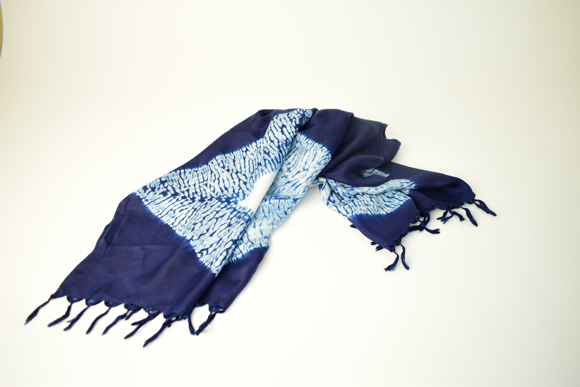 Mulberry Silk Shibori Scarf — Indigo — draped
