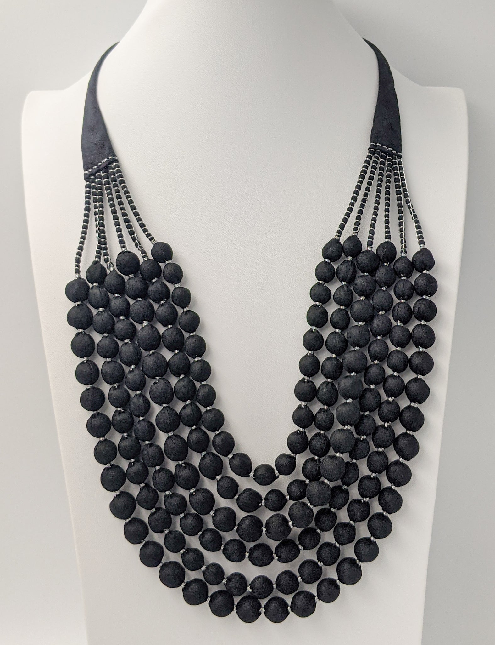 Sari Silk Bead Necklace, 6-String — Black and Silver