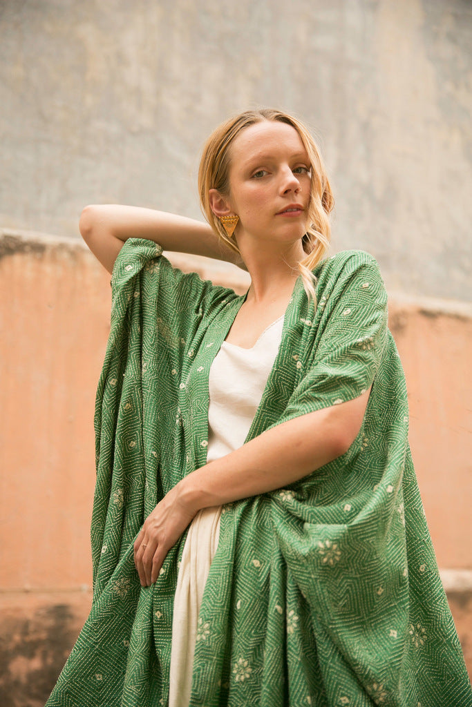 Wild Tussar Silk Kantha Robe — Green Floral — alternate view