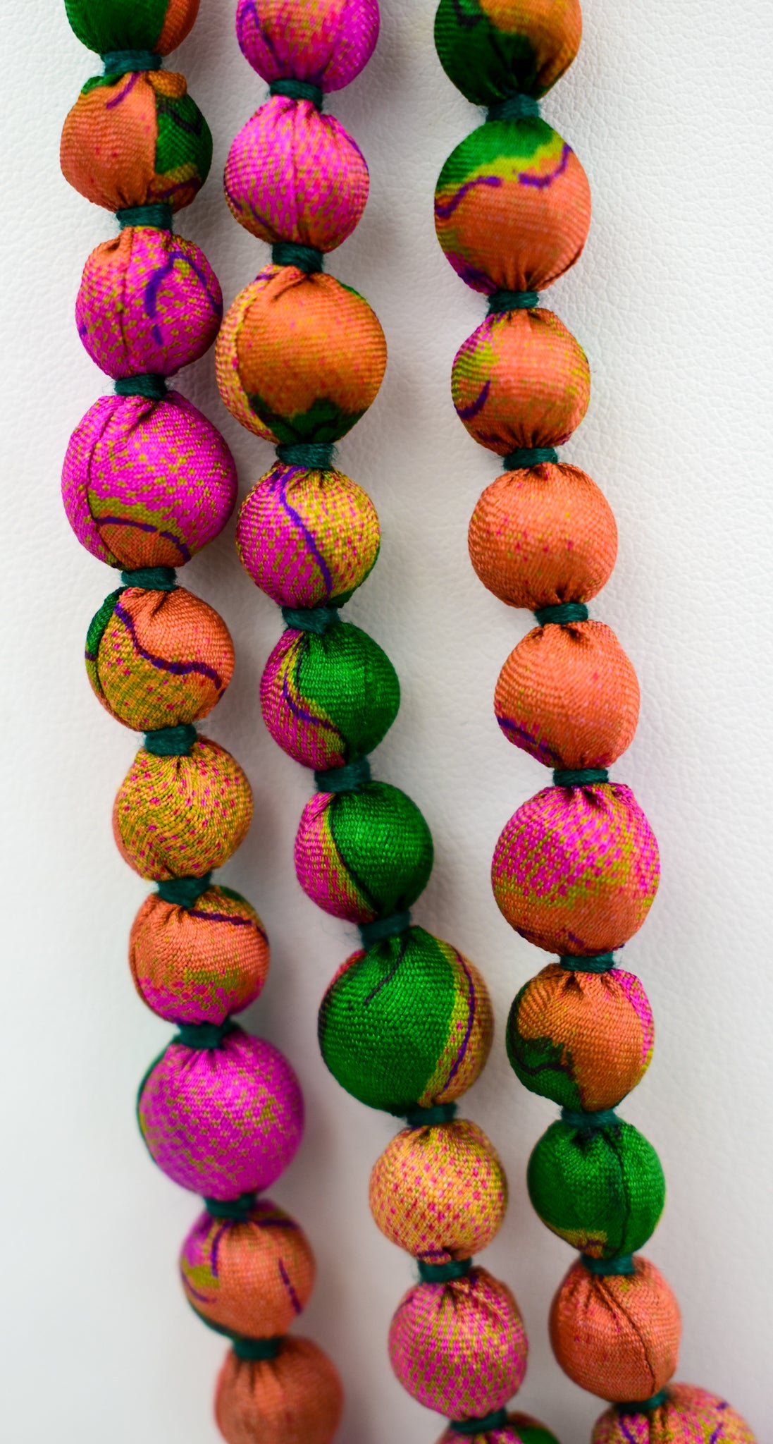 Mosaic — Sari Silk Bead Necklace, 1-String — Pink, Rust and Green — worn on neck